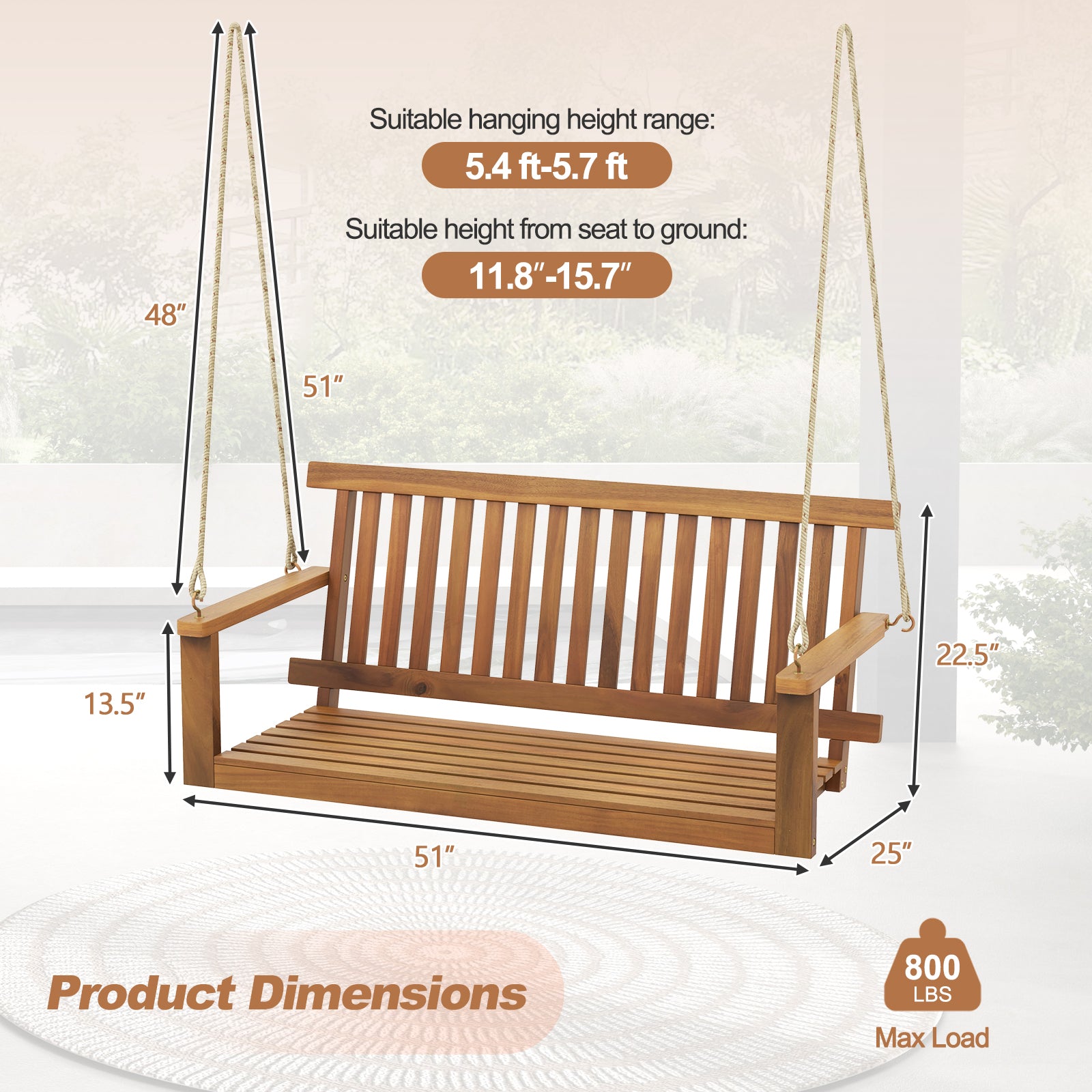 2-Seat Acacia Wood Porch Swing Bench with 2 Hanging Hemp Ropes, Natural Porch Swings at Gallery Canada