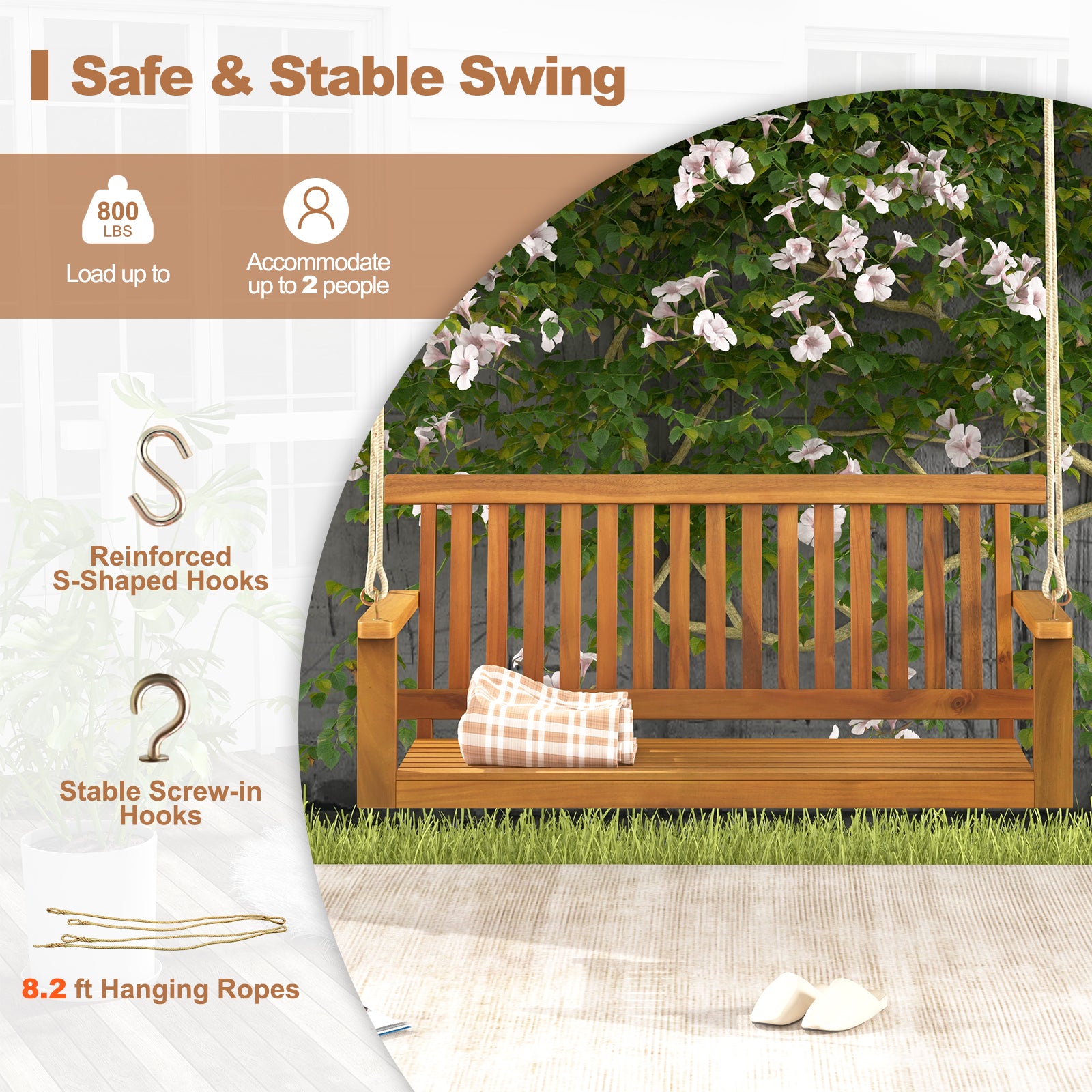 2-Seat Acacia Wood Porch Swing Bench with 2 Hanging Hemp Ropes, Natural Porch Swings at Gallery Canada