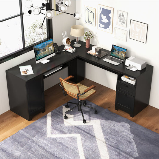 66 Inch L-Shaped Writing Study Workstation Computer Desk with Drawers, Black - Gallery Canada