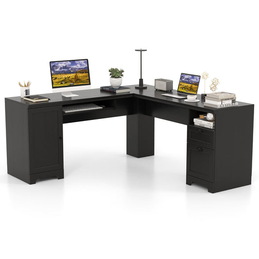 66 Inch L-Shaped Writing Study Workstation Computer Desk with Drawers, Black - Gallery Canada