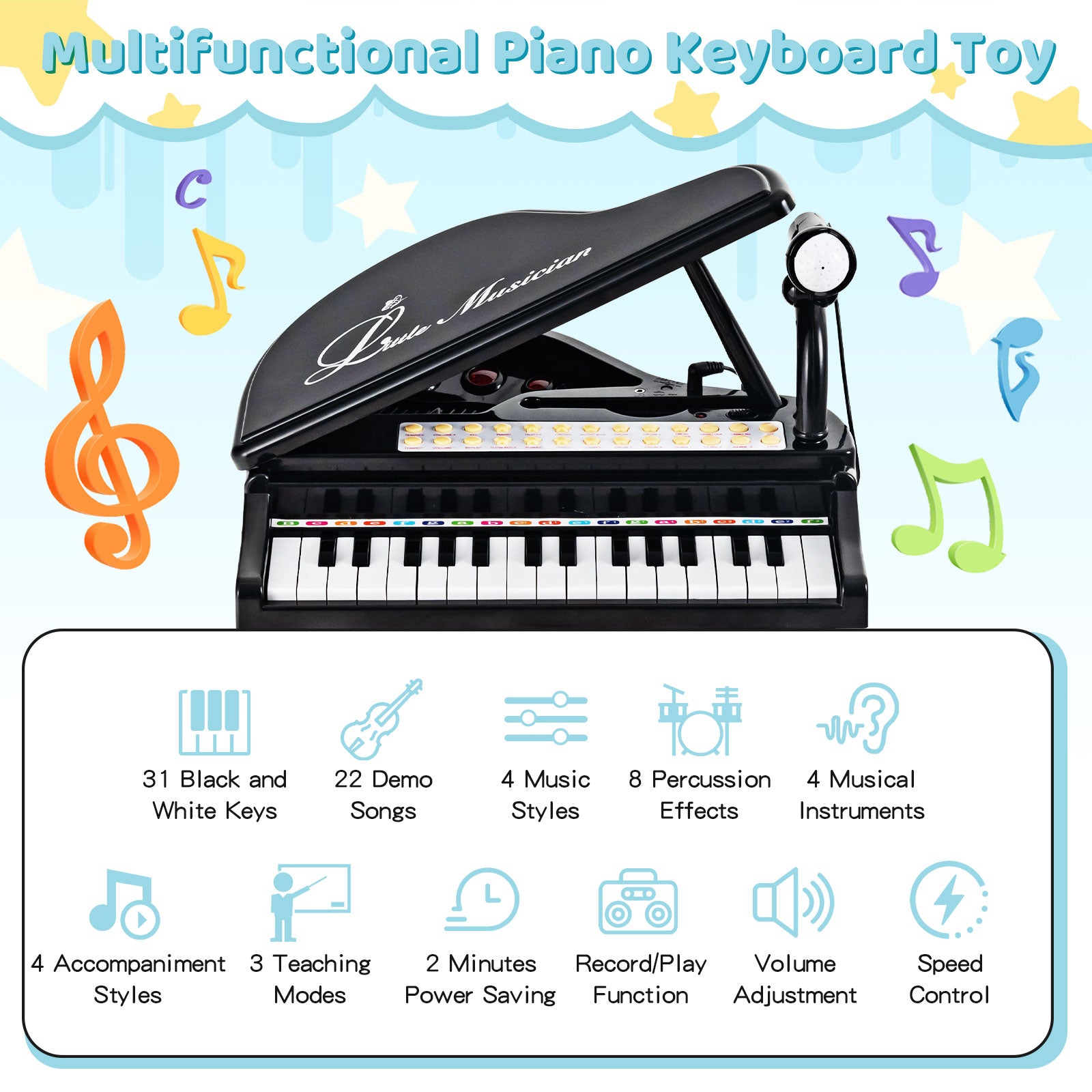 31 Keys Kids Piano Keyboard with Stool and Piano Lid, Black Pianos & Keyboards at Gallery Canada