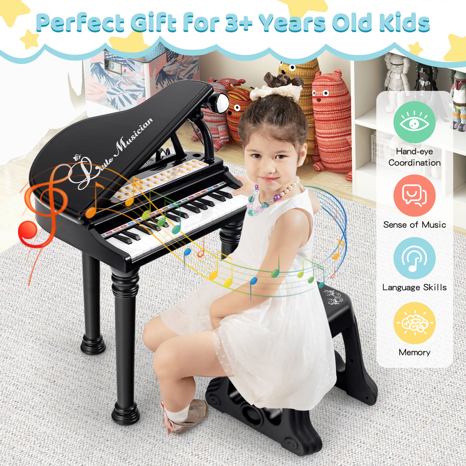 31 Keys Kids Piano Keyboard with Stool and Piano Lid, Black Pianos & Keyboards at Gallery Canada