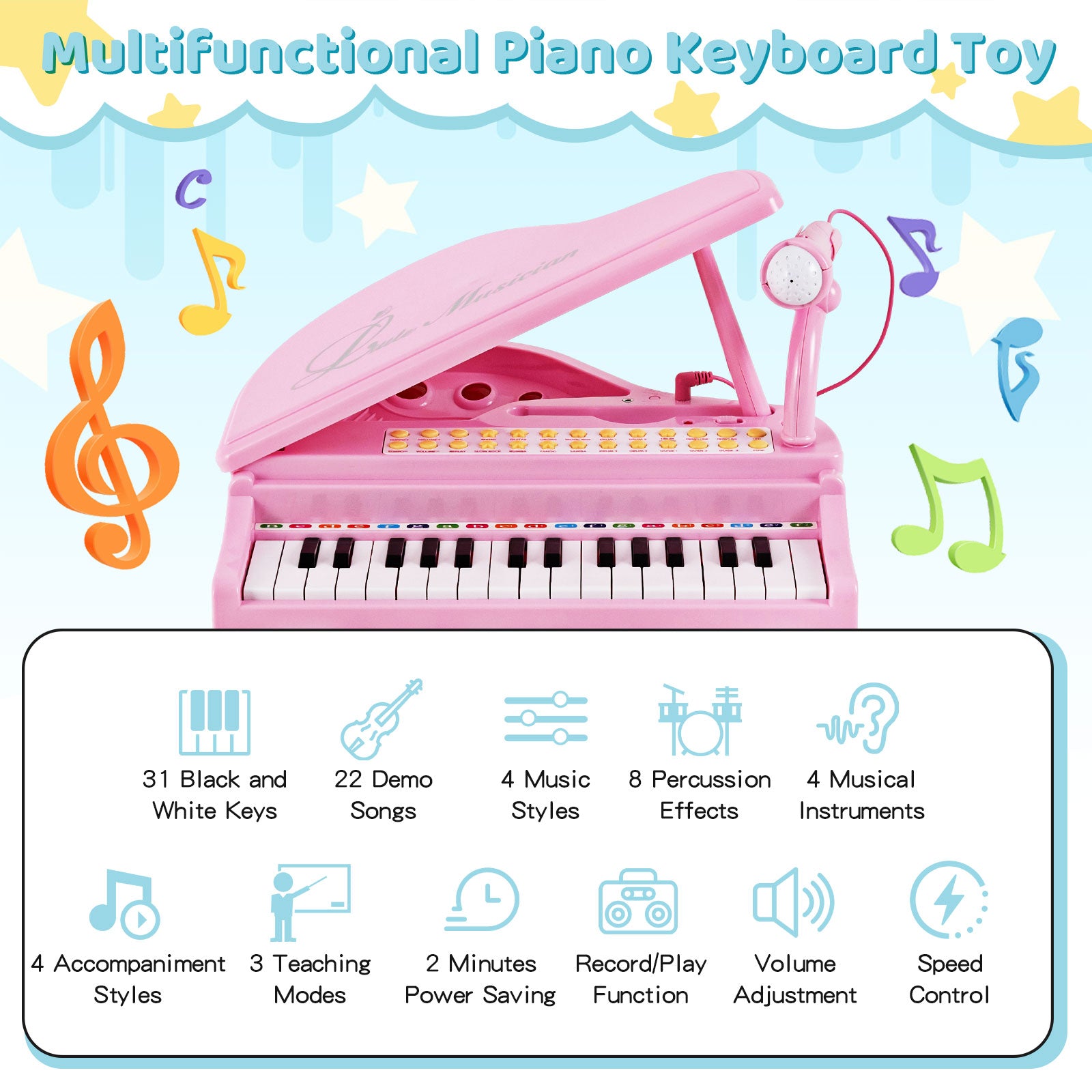 31 Keys Kids Piano Keyboard with Stool and Piano Lid, Pink Pianos & Keyboards at Gallery Canada