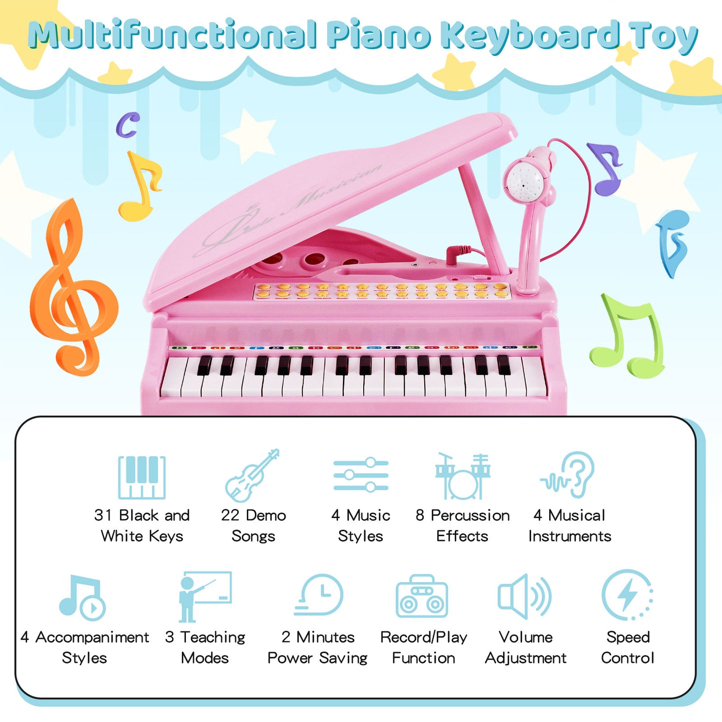 31 Keys Kids Piano Keyboard with Stool and Piano Lid, Pink Pianos & Keyboards at Gallery Canada