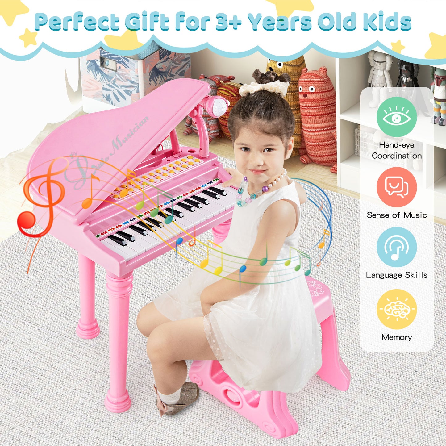 31 Keys Kids Piano Keyboard with Stool and Piano Lid, Pink Pianos & Keyboards at Gallery Canada
