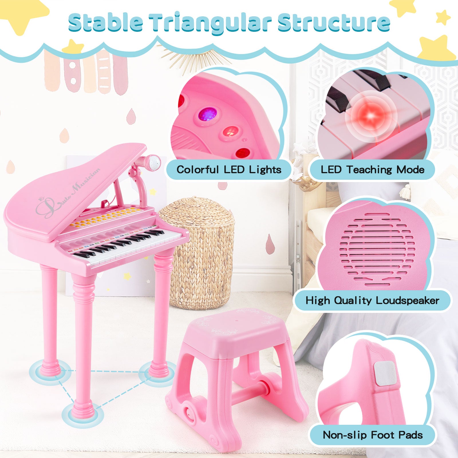 31 Keys Kids Piano Keyboard with Stool and Piano Lid, Pink Pianos & Keyboards at Gallery Canada