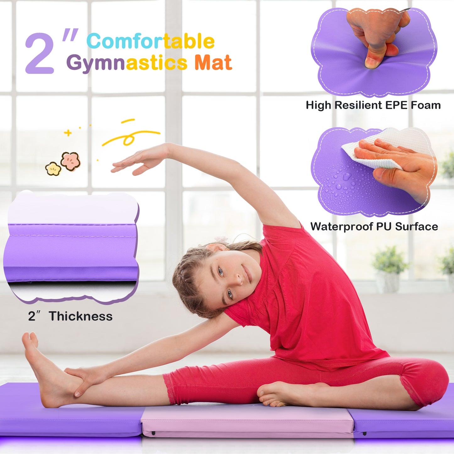 6 x 2 FT Tri-Fold Gym Mat with Handles and Removable Zippered Cover, Pink & Purple Yoga & Gym Mats at Gallery Canada