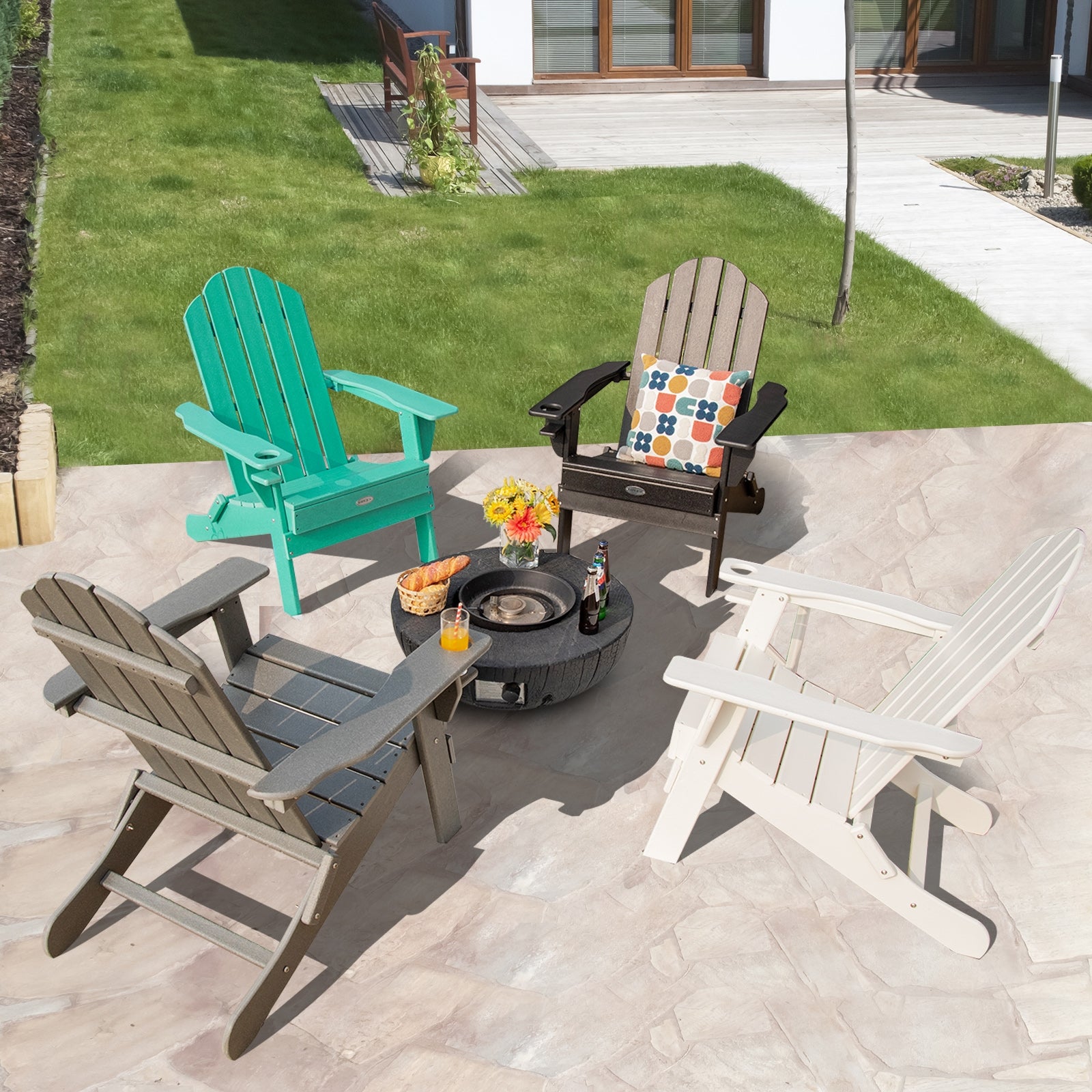 Foldable Weather Resistant Patio Chair With Cup Holder, Turquoise Adirondack Chairs at Gallery Canada