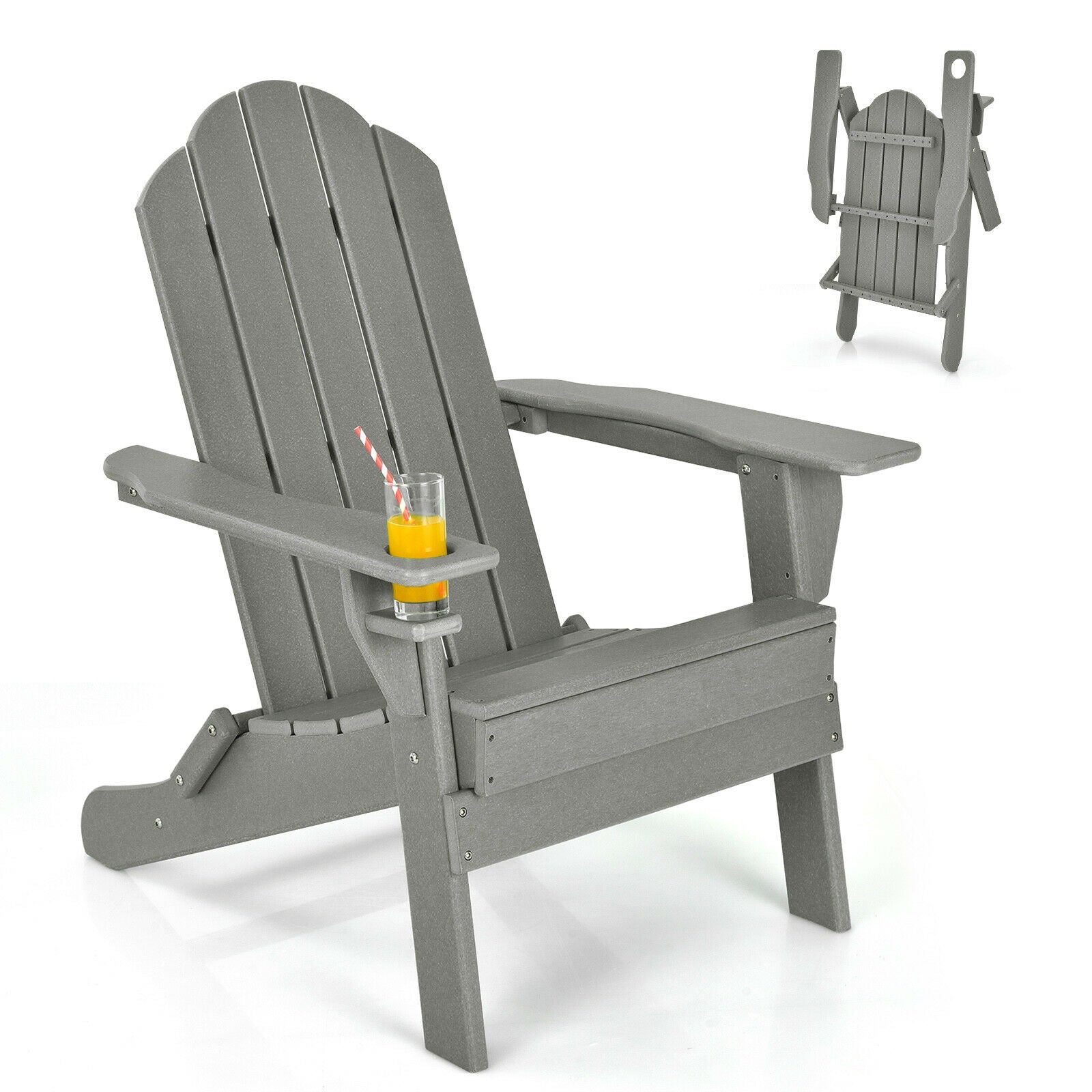 Foldable Weather Resistant Patio Chair with Built-in Cup Holder, Gray Adirondack Chairs at Gallery Canada