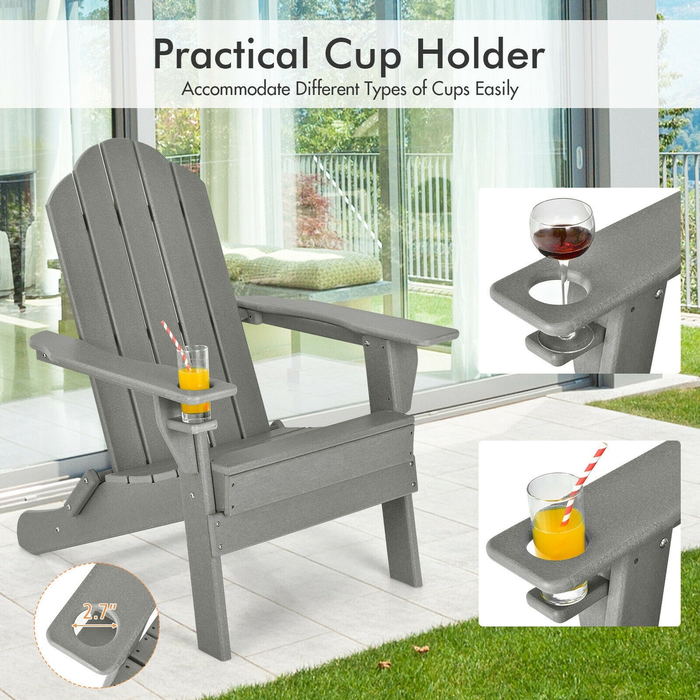 Foldable Weather Resistant Patio Chair with Built-in Cup Holder, Gray Adirondack Chairs at Gallery Canada