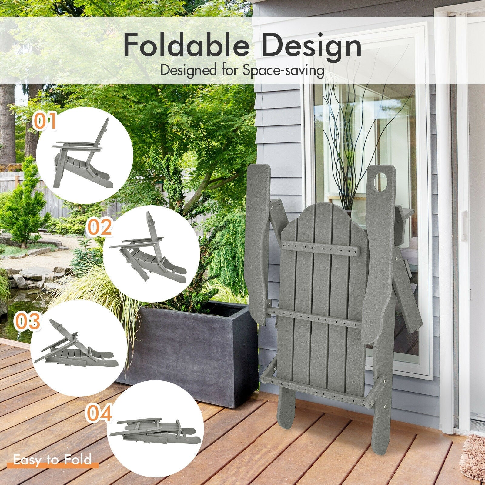 Foldable Weather Resistant Patio Chair with Built-in Cup Holder, Gray Adirondack Chairs at Gallery Canada