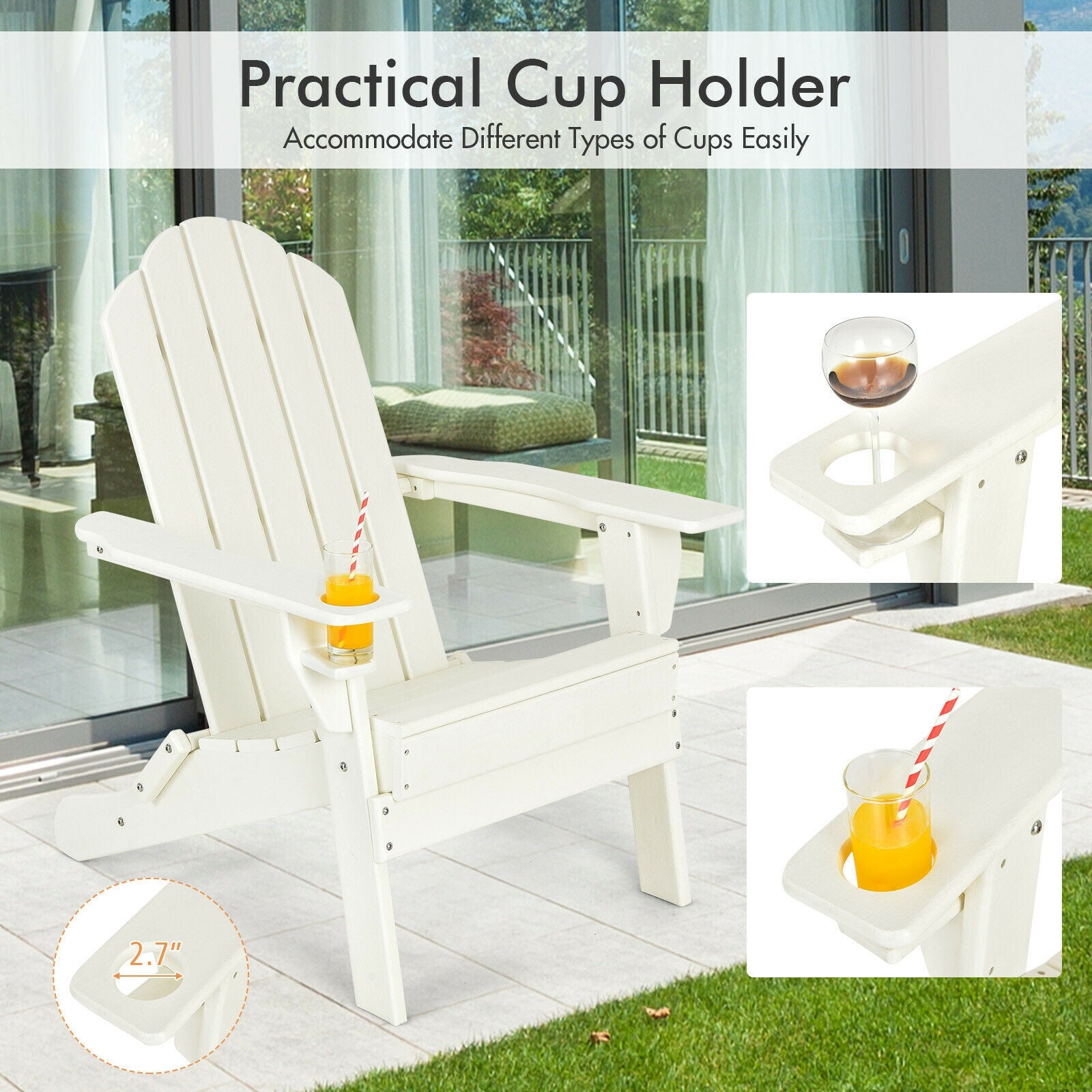 Foldable Weather Resistant Patio Chair with Built-in Cup Holder, White Adirondack Chairs at Gallery Canada