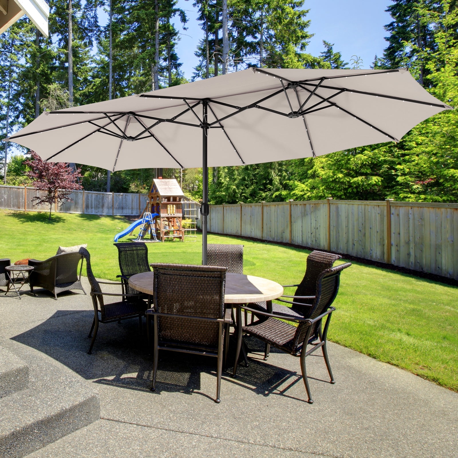 15 Feet Twin Patio Umbrella with 48 Solar LED Lights, Beige Outdoor Umbrellas at Gallery Canada