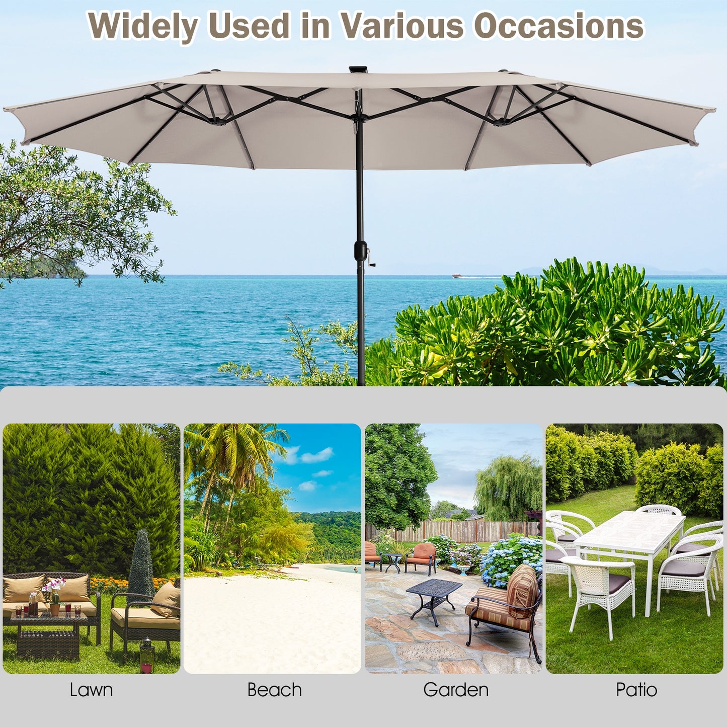 15 Feet Twin Patio Umbrella with 48 Solar LED Lights, Beige Outdoor Umbrellas at Gallery Canada