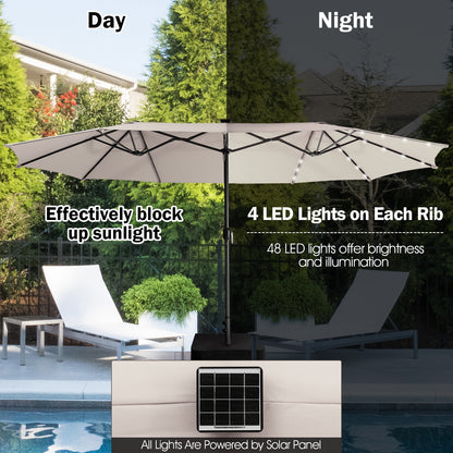 15 Feet Twin Patio Umbrella with 48 Solar LED Lights, Beige Outdoor Umbrellas at Gallery Canada