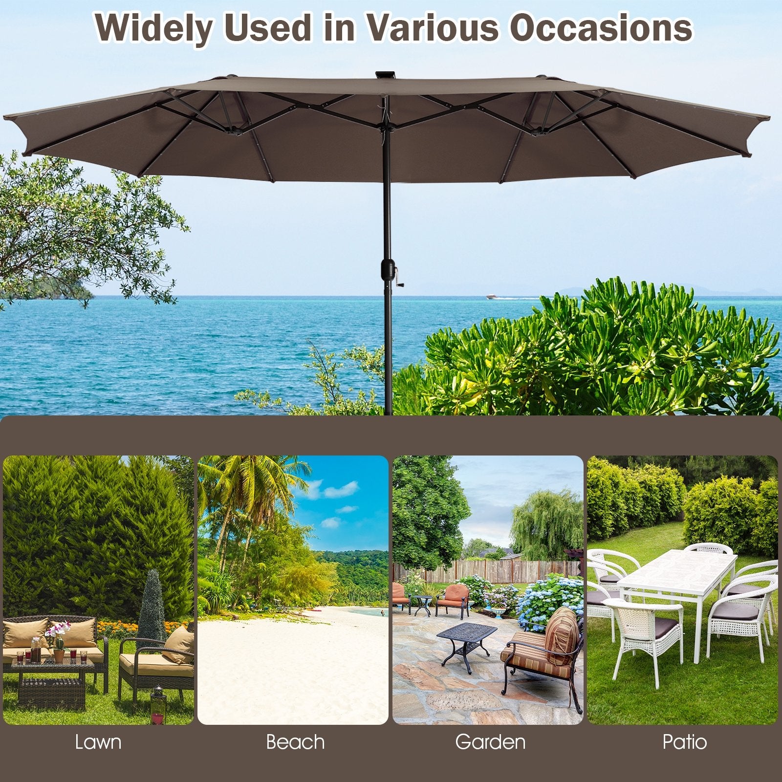 15 Feet Twin Patio Umbrella with 48 Solar LED Lights, Light Brown - Gallery Canada