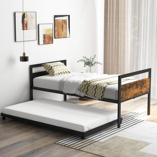 Twin Metal Daybed with Trundle Lockable Wheels-Twin Size, Rustic Brown - Gallery Canada