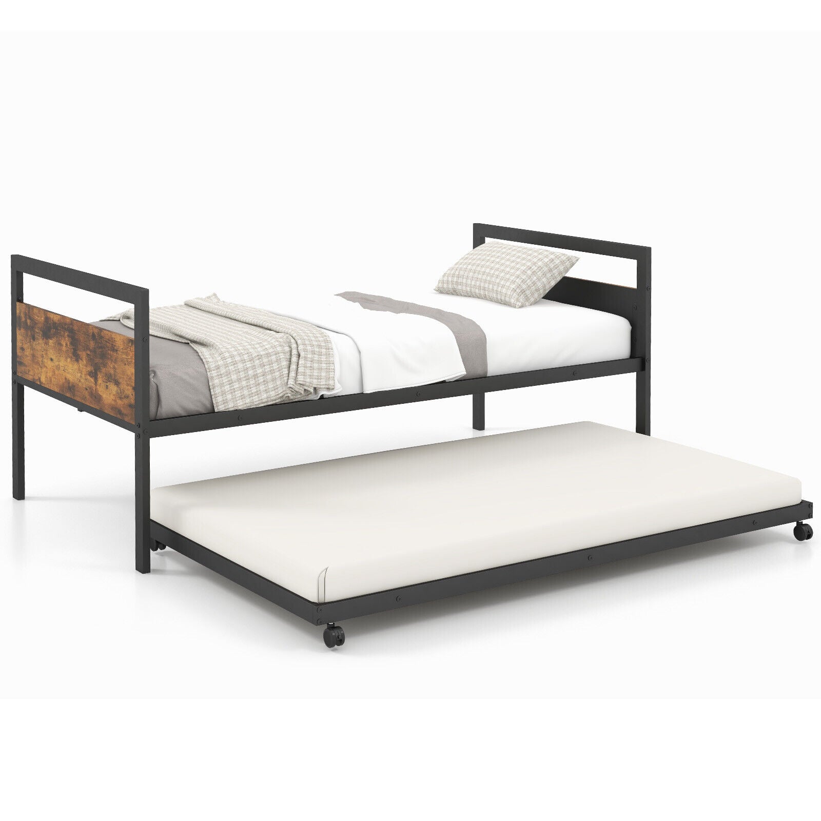 Twin Metal Daybed with Trundle Lockable Wheels-Twin Size, Rustic Brown Trundle Bed Frame Rustic Brown at Gallery Canada