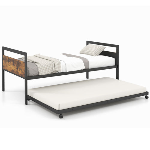 Twin Metal Daybed With Trundle, Lockable Wheels, Rustic Brown