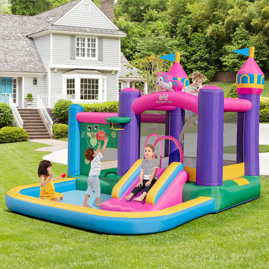 6-in-1 Kids Blow up Castle with Slide and Jumping Area and Ball Pit Pools without Blower, Purple - Gallery Canada