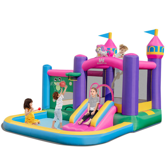 6-in-1 Kids Blow up Castle with Slide and Jumping Area and Ball Pit Pools without Blower, Purple - Gallery Canada