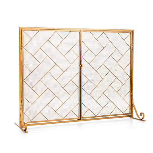 3-Panel Folding Wrought Iron Fireplace Screen with Doors and 4 Pieces Tools Set, Golden