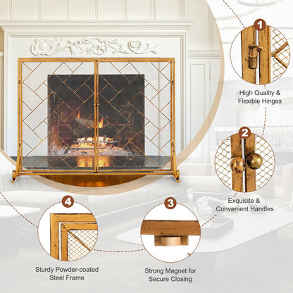 3-Panel Folding Wrought Iron Fireplace Screen with Doors and 4 Pieces Tools Set, Golden at Gallery Canada