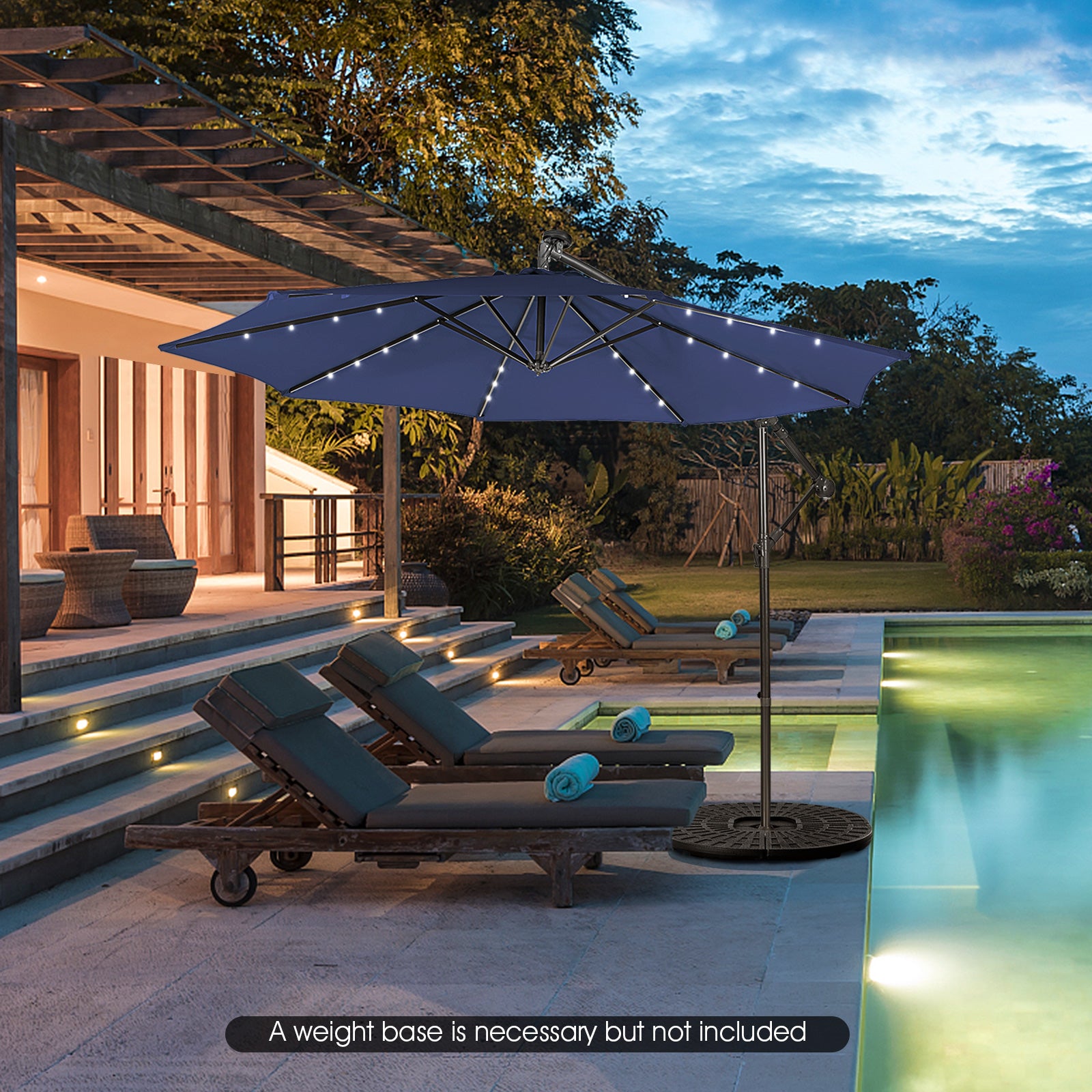 10 Feet Patio Solar Powered Cantilever Umbrella with Tilting System, Navy Outdoor Umbrellas at Gallery Canada