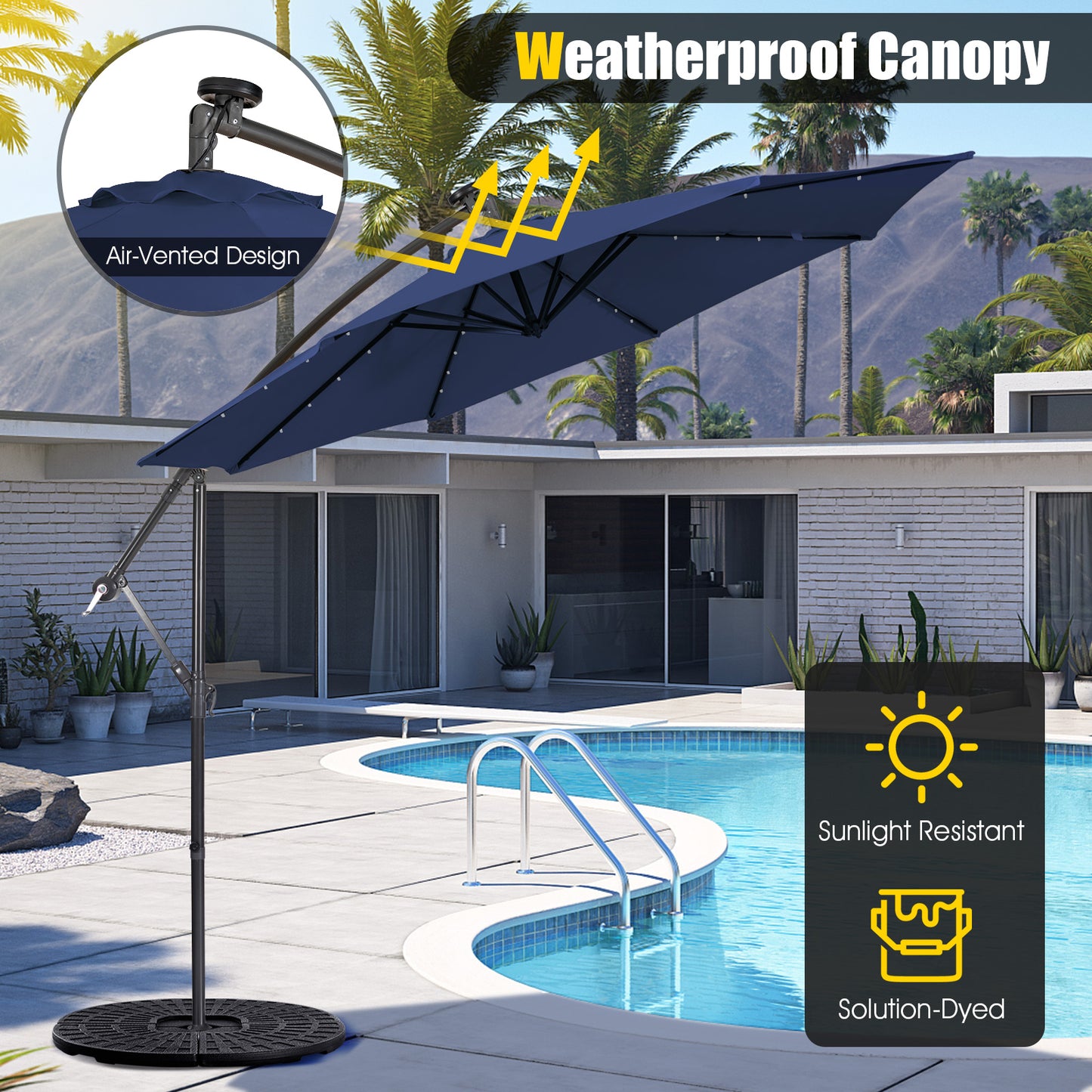 10 Feet Patio Solar Powered Cantilever Umbrella with Tilting System, Navy Outdoor Umbrellas at Gallery Canada