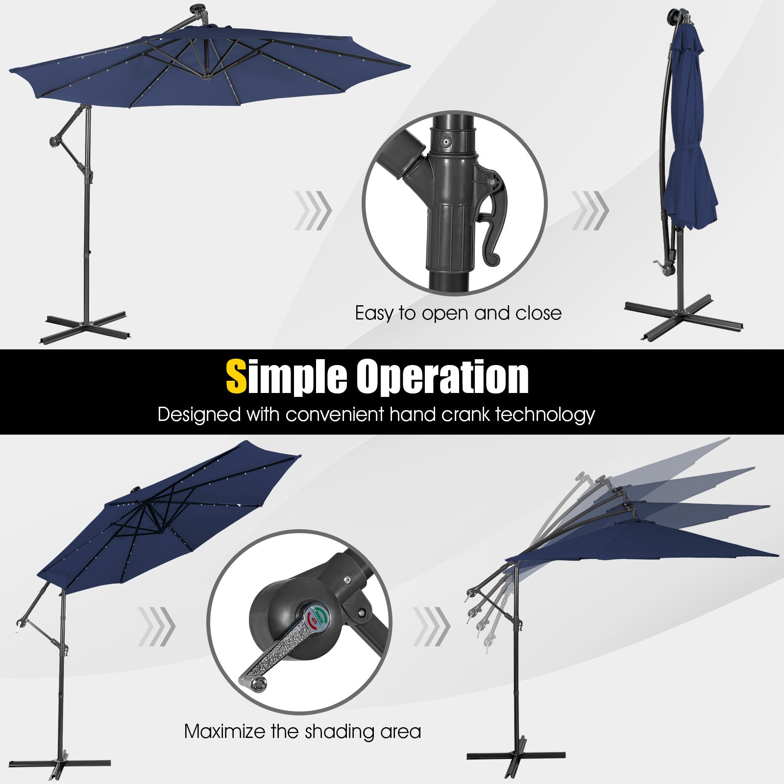 10 Feet Patio Solar Powered Cantilever Umbrella with Tilting System, Navy Outdoor Umbrellas at Gallery Canada