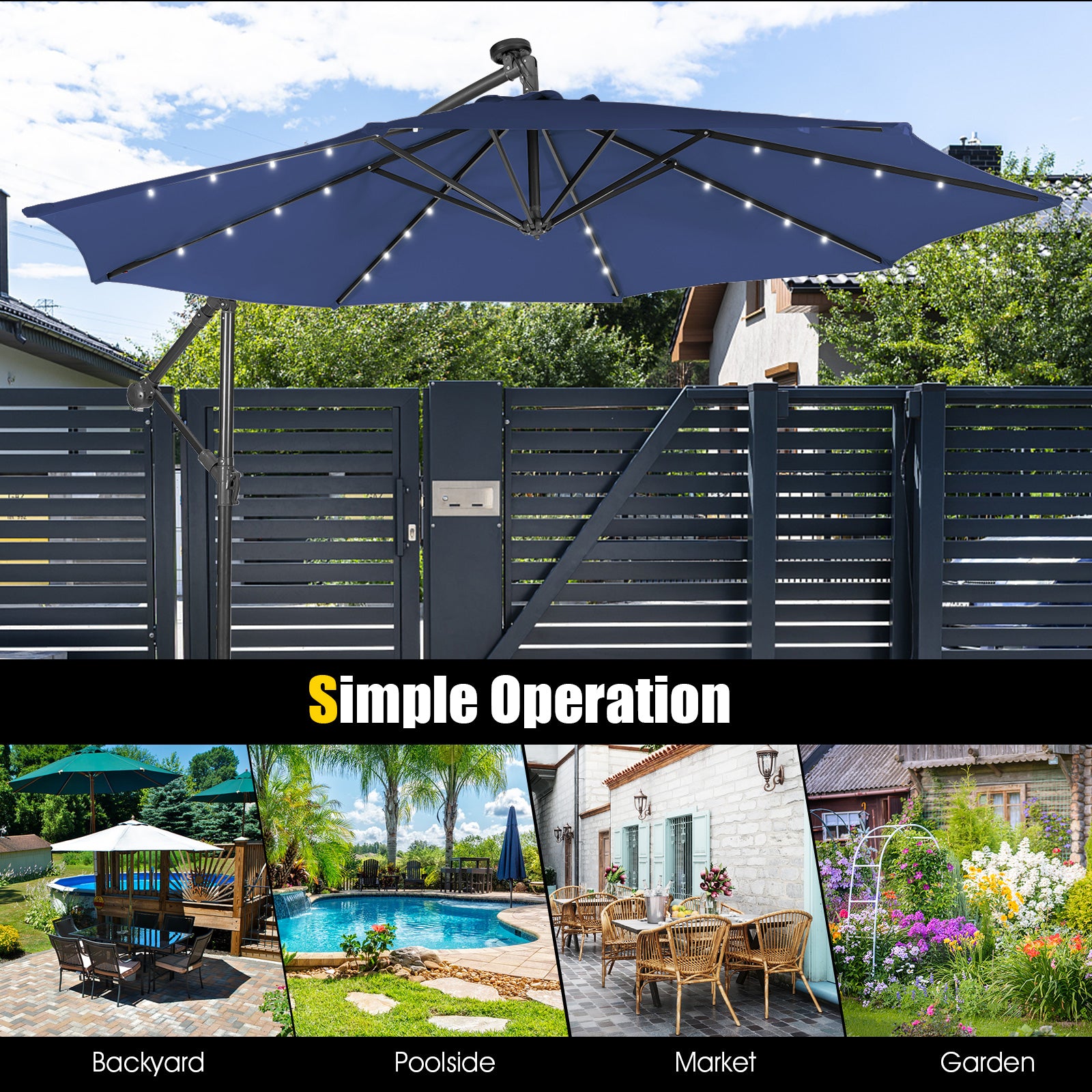 10 Feet Patio Solar Powered Cantilever Umbrella with Tilting System, Navy Outdoor Umbrellas at Gallery Canada