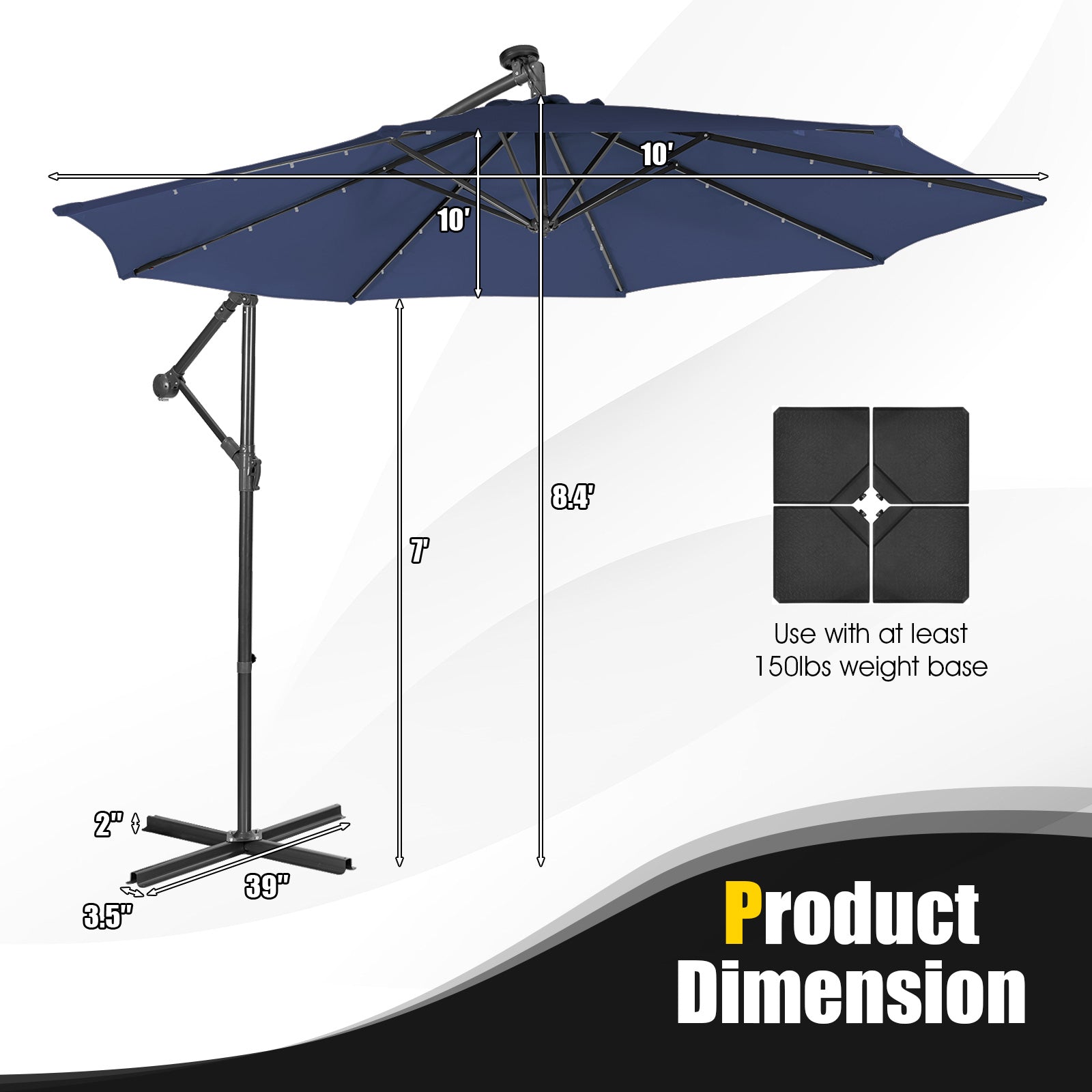 10 Feet Patio Solar Powered Cantilever Umbrella with Tilting System, Navy Outdoor Umbrellas at Gallery Canada