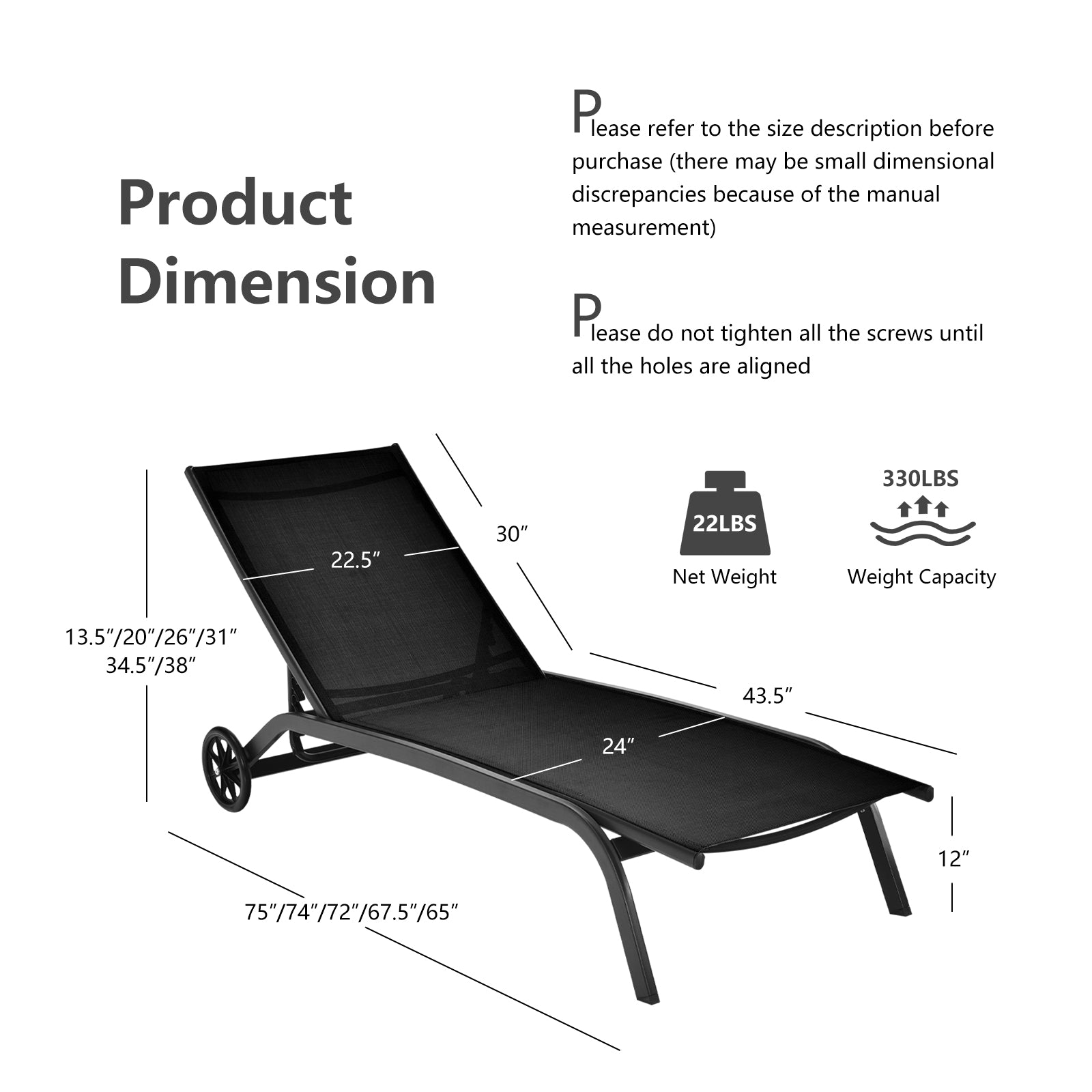6-Poisition Adjustable Outdoor Chaise Recliner with Wheels, Black Outdoor Chaise Lounges at Gallery Canada