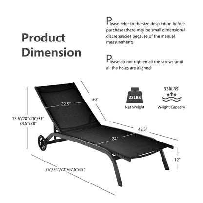 6-Poisition Adjustable Outdoor Chaise Recliner with Wheels, Black Outdoor Chaise Lounges at Gallery Canada