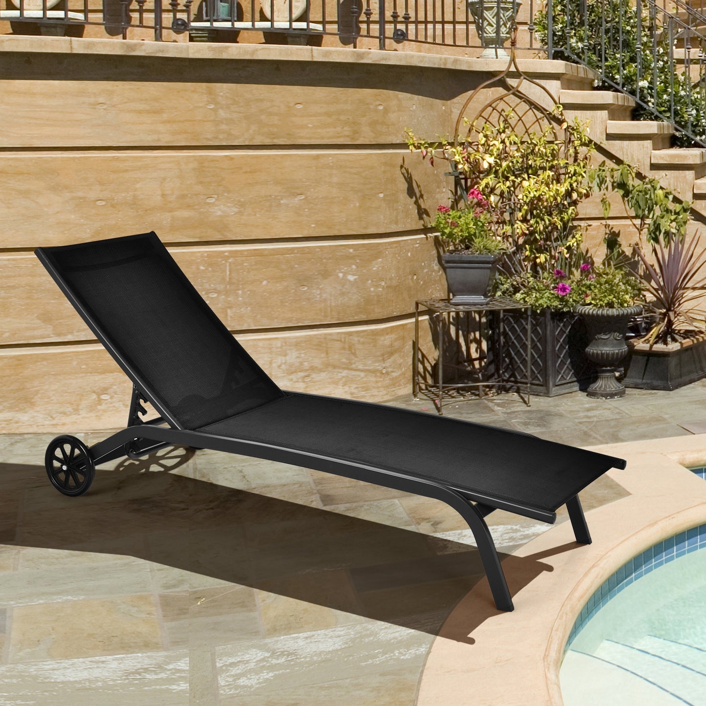 6-Poisition Adjustable Outdoor Chaise Recliner with Wheels, Black Outdoor Chaise Lounges at Gallery Canada