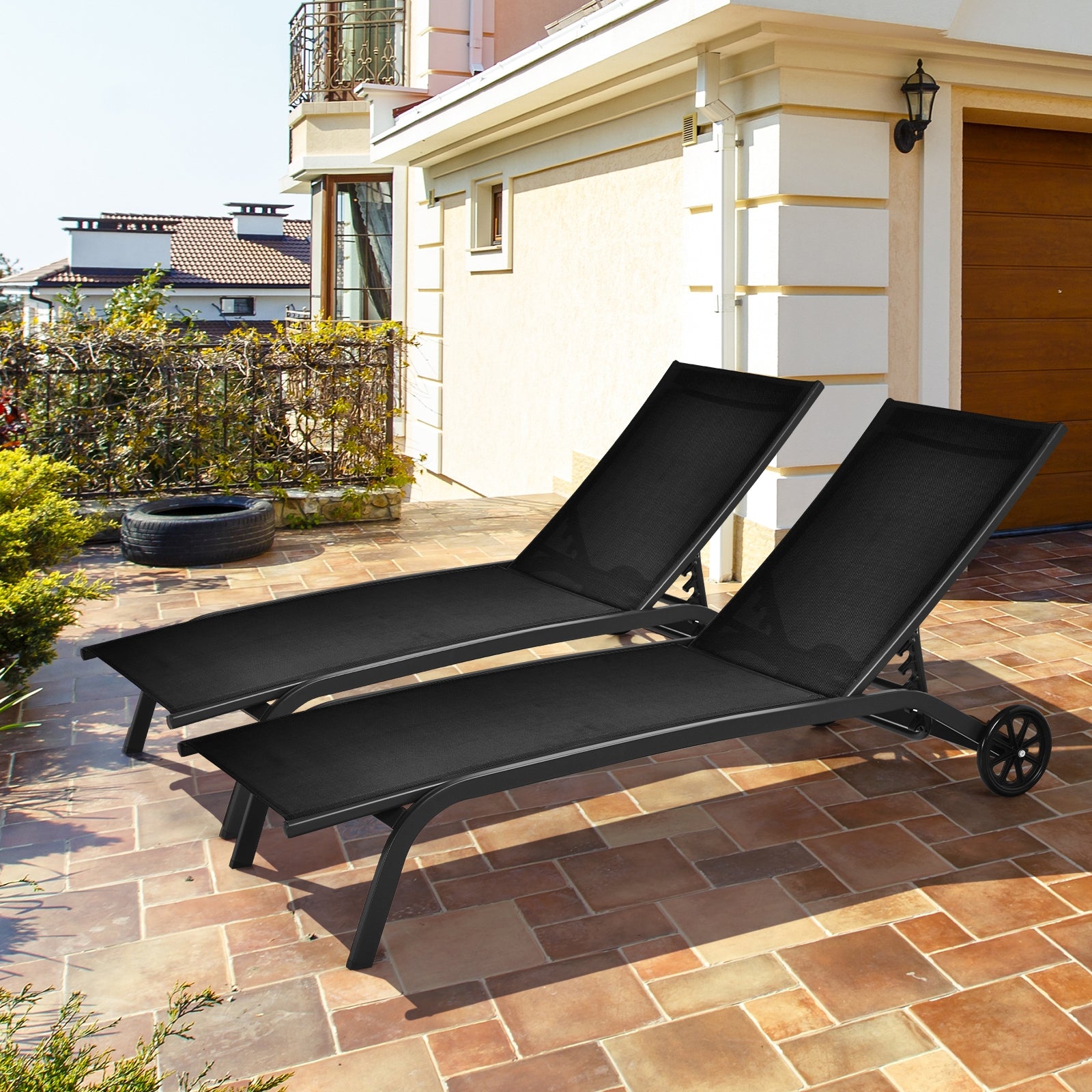 6-Poisition Adjustable Outdoor Chaise Recliner with Wheels, Black Outdoor Chaise Lounges at Gallery Canada