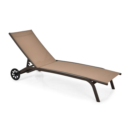 6-Poisition Adjustable Outdoor Chaise Recliner with Wheels, Brown - Gallery Canada