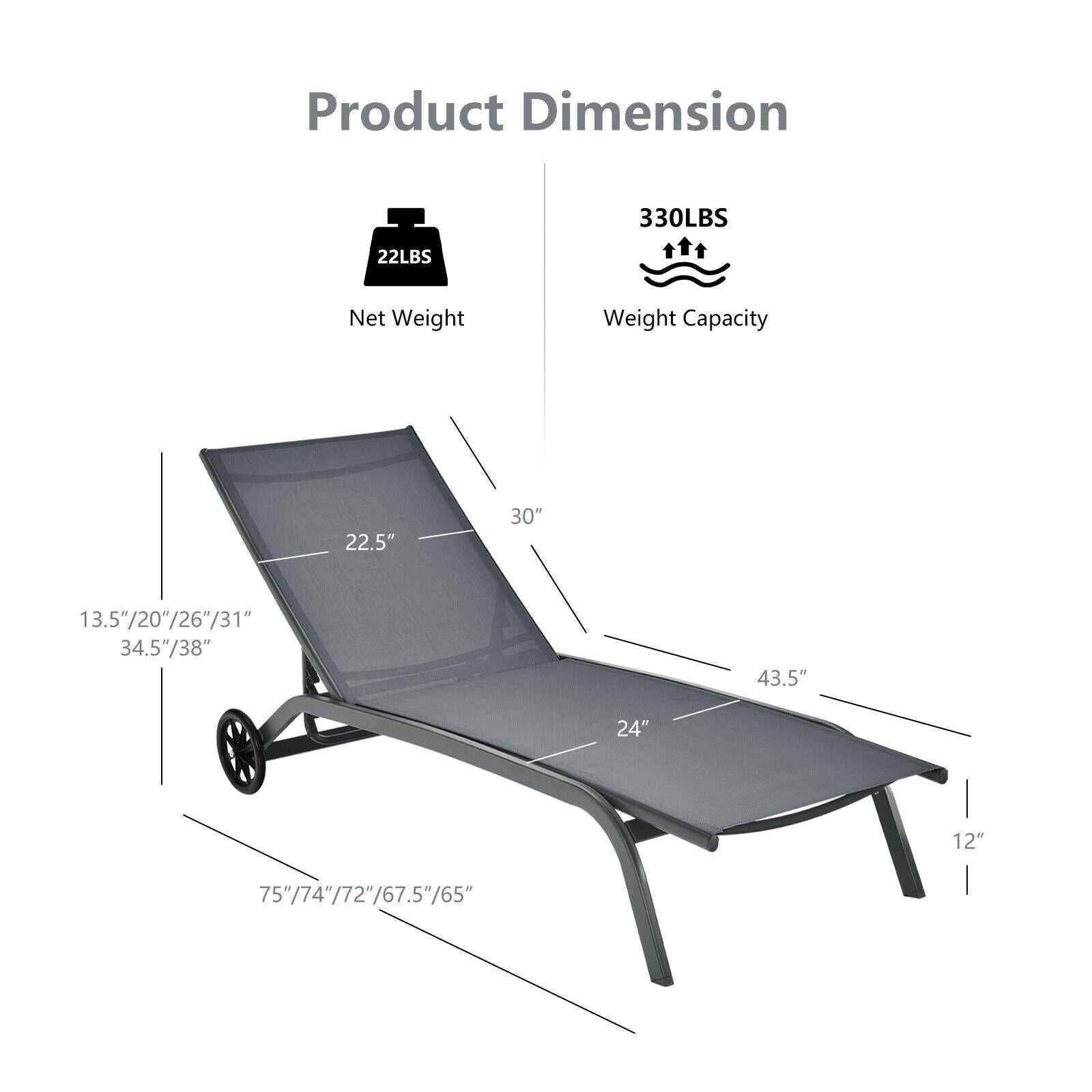 6-Poisition Adjustable Outdoor Chaise Recliner with Wheels, Gray Outdoor Chaise Lounges at Gallery Canada