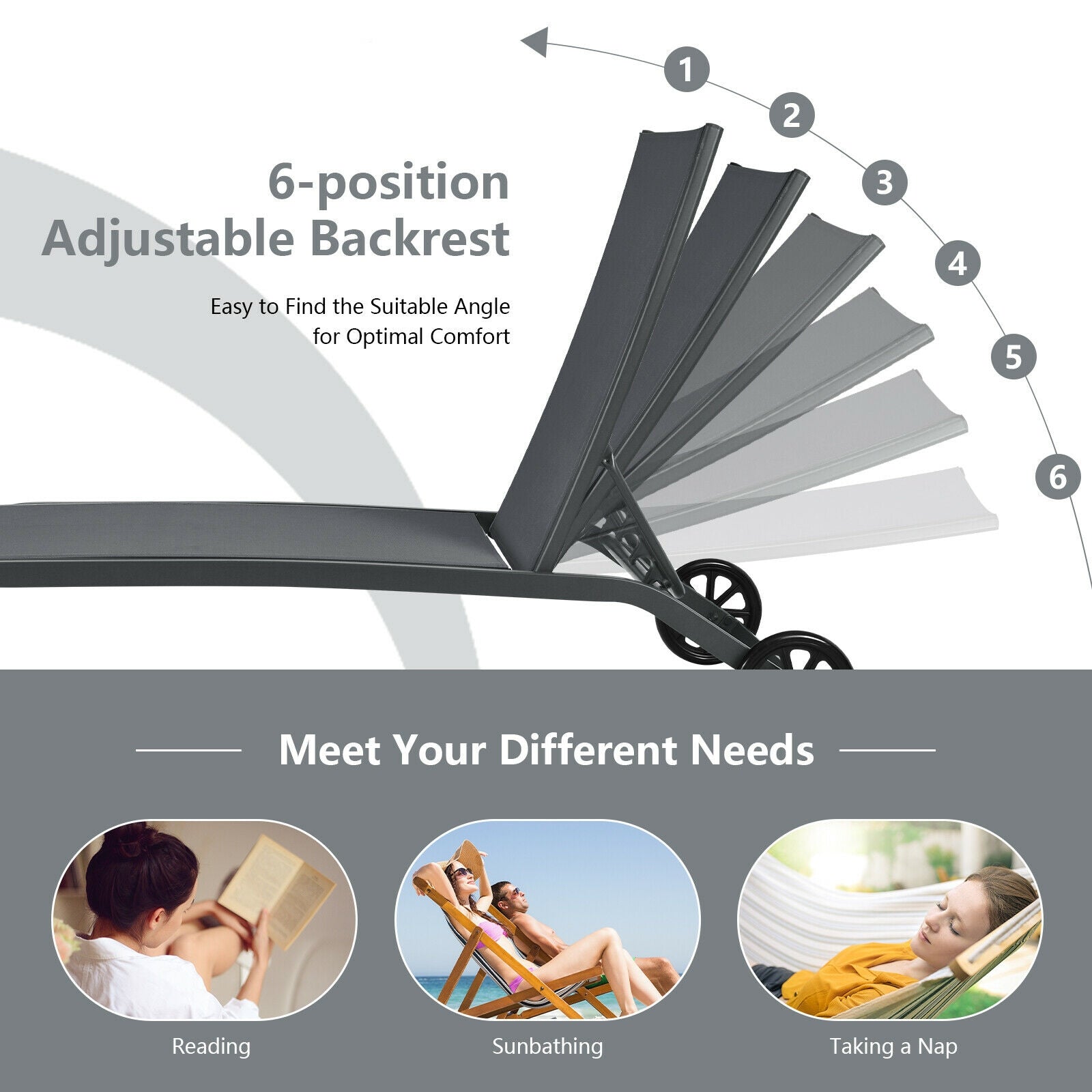 6-Poisition Adjustable Outdoor Chaise Recliner with Wheels, Gray Outdoor Chaise Lounges at Gallery Canada