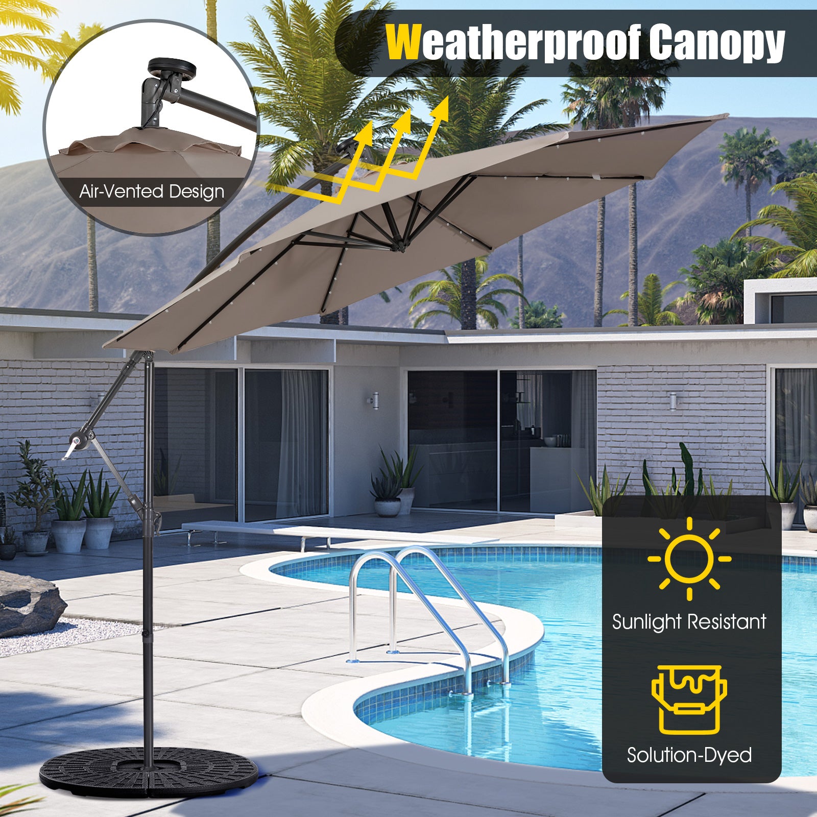 10 Feet Patio Solar Powered Cantilever Umbrella with Tilting System, Brown Outdoor Umbrellas at Gallery Canada