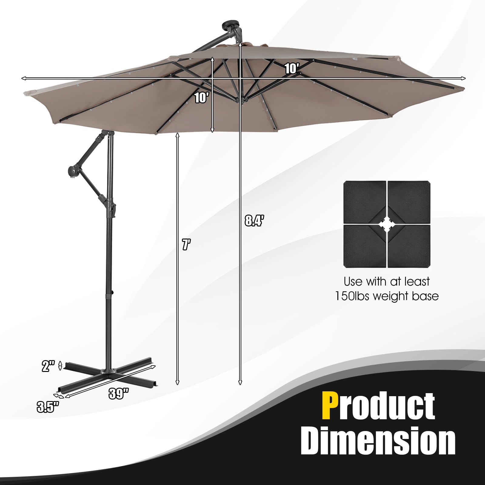 10 Feet Patio Solar Powered Cantilever Umbrella with Tilting System, Brown Outdoor Umbrellas at Gallery Canada