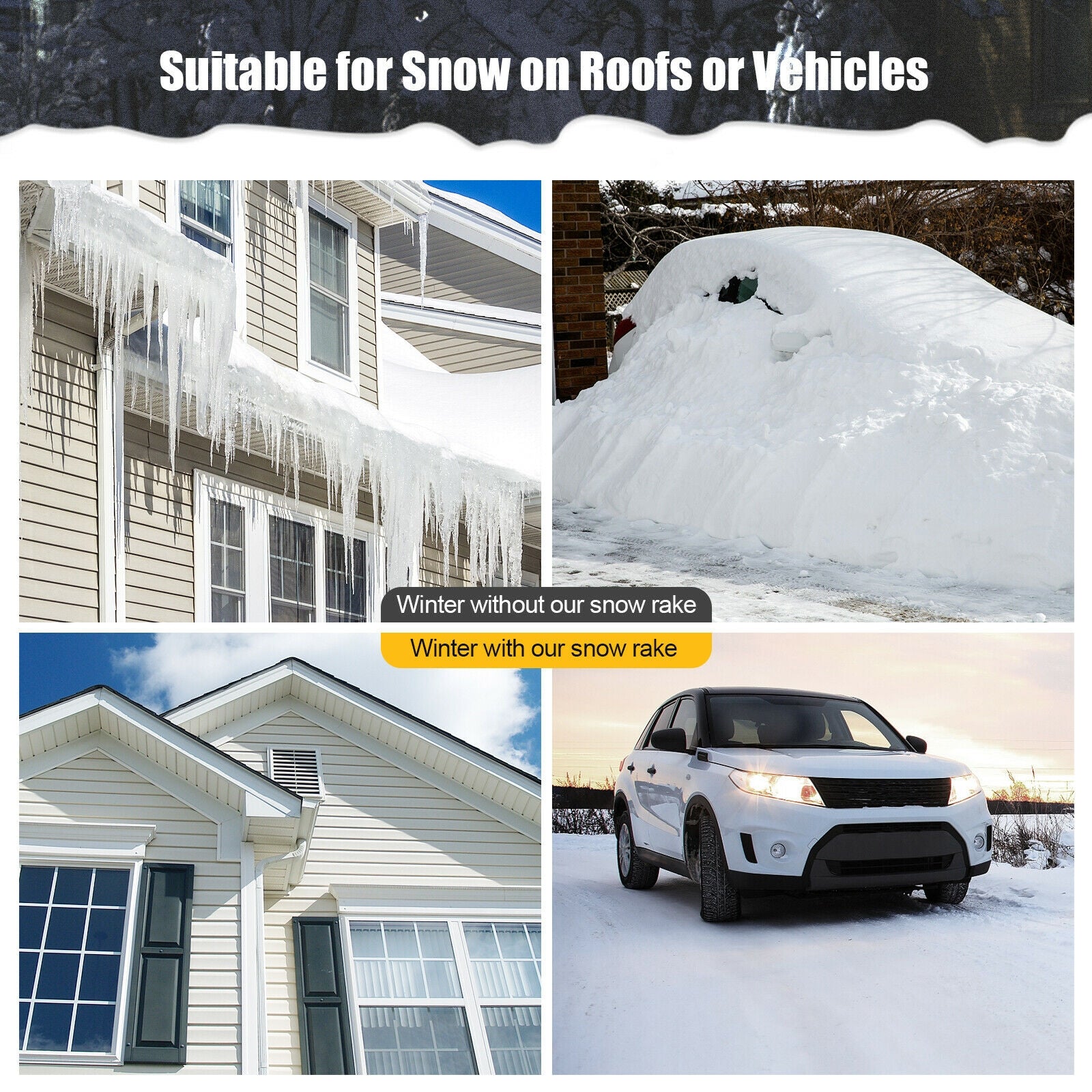 4.8-20 Feet Sectional Snow Roof Rake with Reinforced Aluminum Poles, Black Snow Removal at Gallery Canada