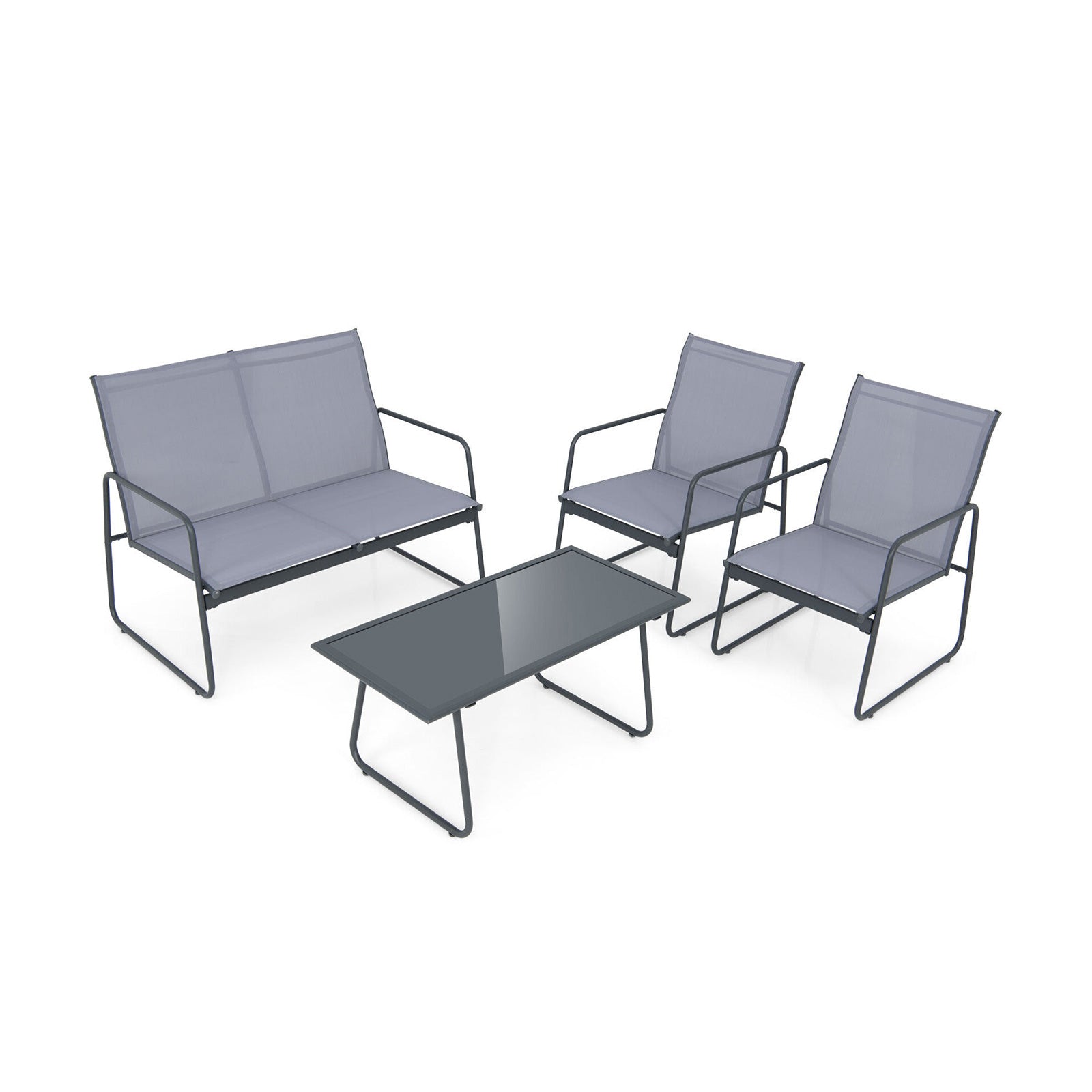 4 Pieces of Metal Patio Furniture Chat Set with Tempered Glass Coffee Table, Gray Patio Conversation Sets Gray at Gallery Canada