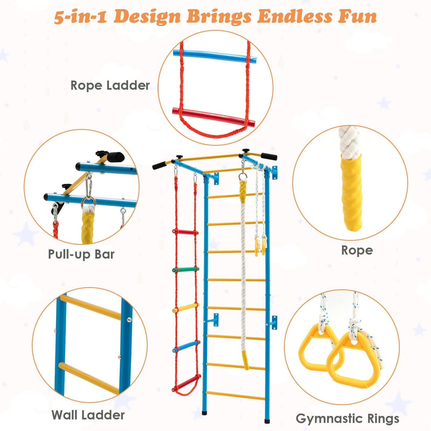 5 In 1 Kids Indoor Gym Playground Swedish Wall Ladder, Yellow