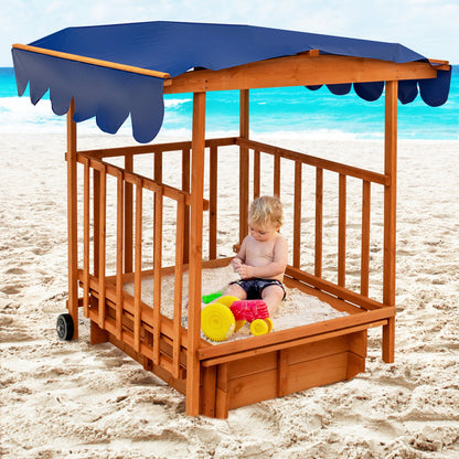Kids Outdoor Wooden Retractable Sandbox with Cover and Built-in Wheels, Natural