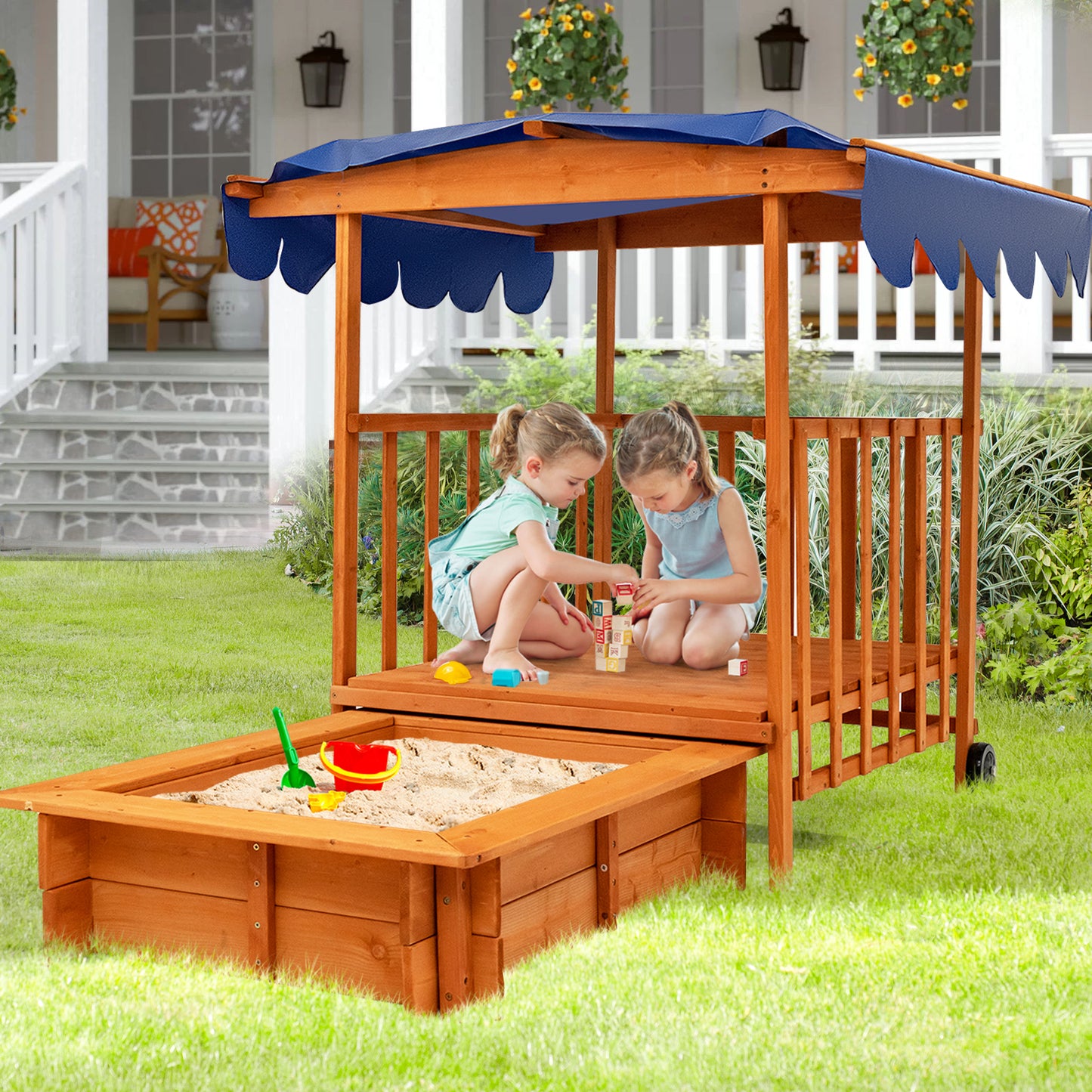 Kids Outdoor Wooden Retractable Sandbox with Cover and Built-in Wheels, Natural Sandboxes at Gallery Canada