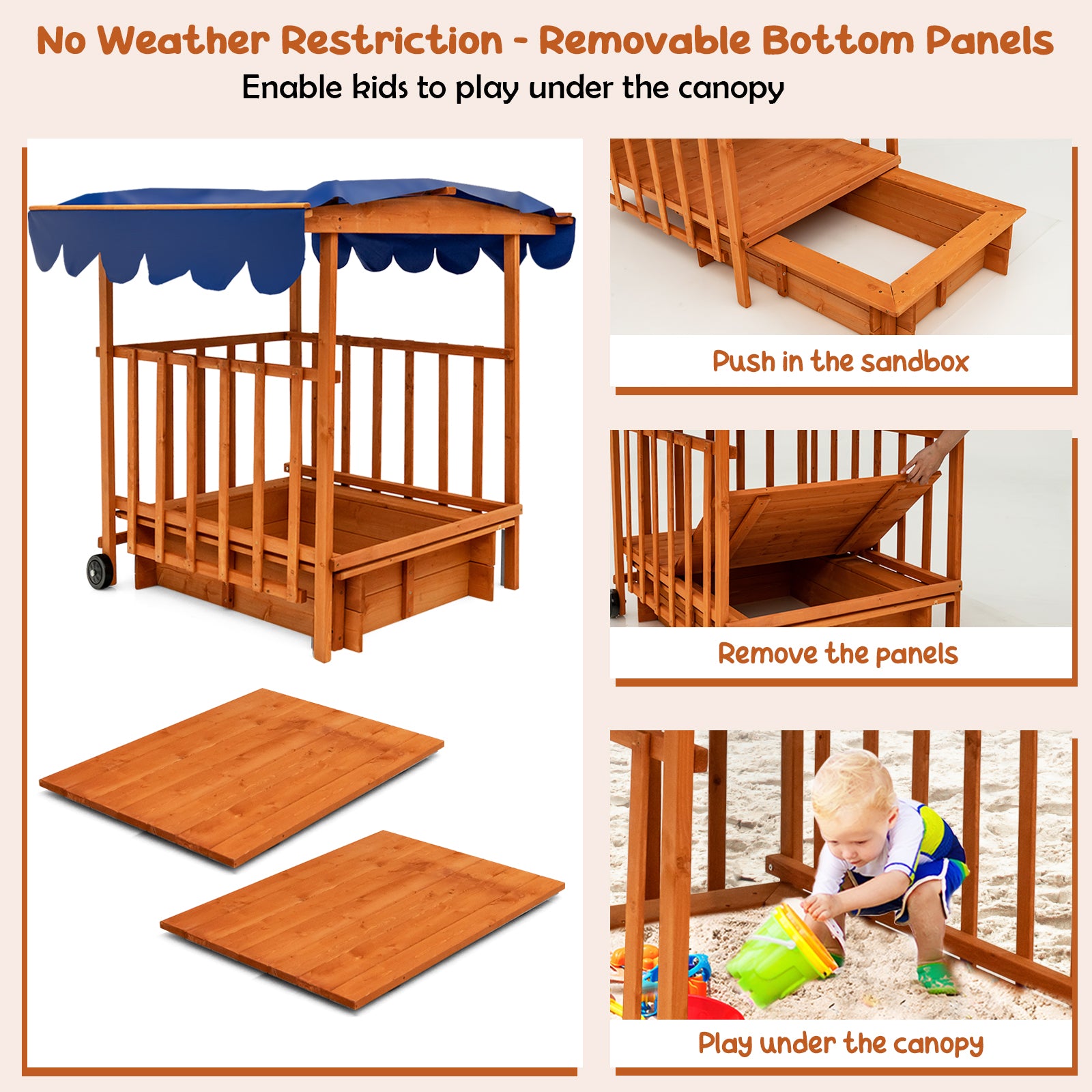 Kids Outdoor Wooden Retractable Sandbox with Cover and Built-in Wheels, Natural Sandboxes at Gallery Canada