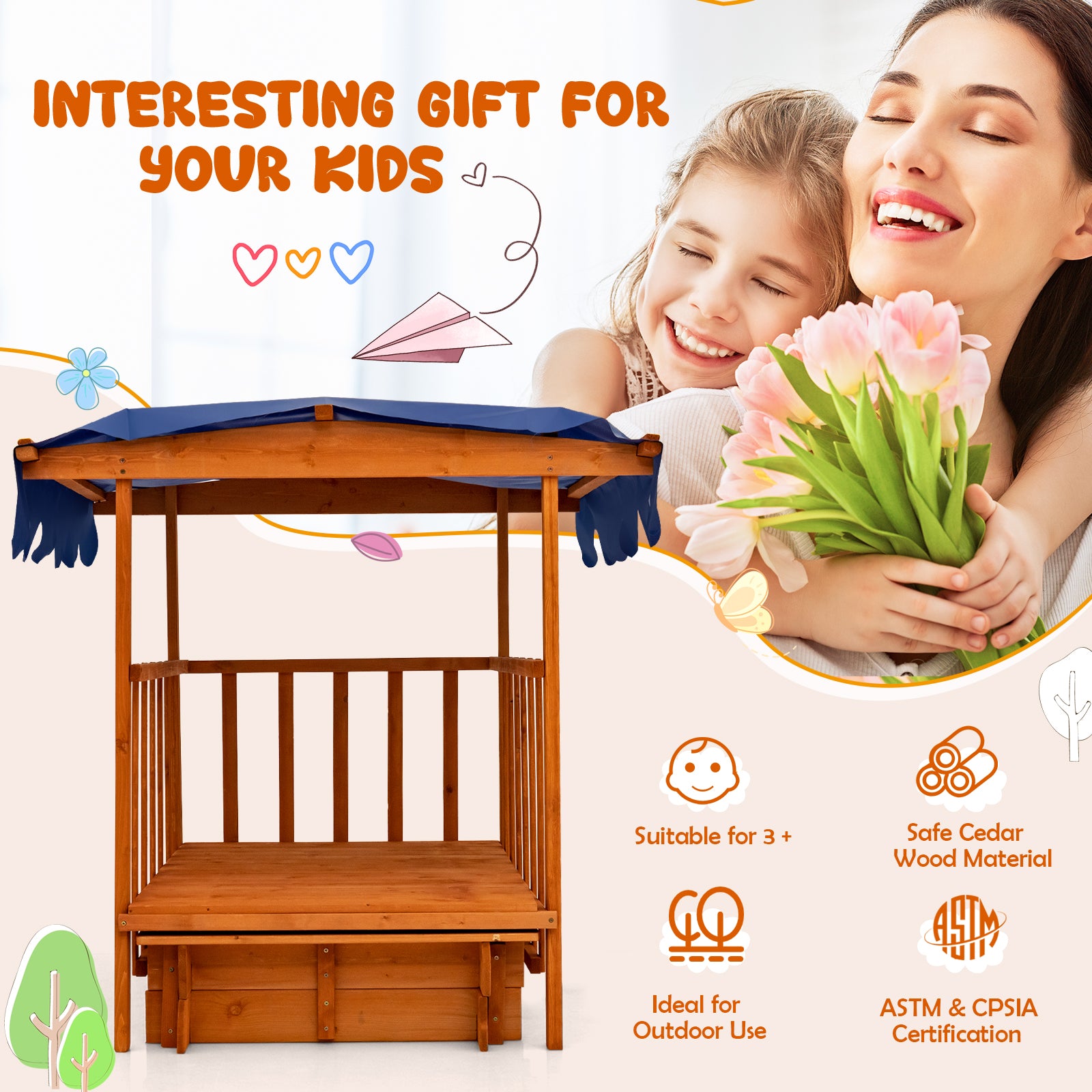 Kids Wooden Retractable Sandbox With Cover, Wheels, Natural Sandboxes at Gallery Canada