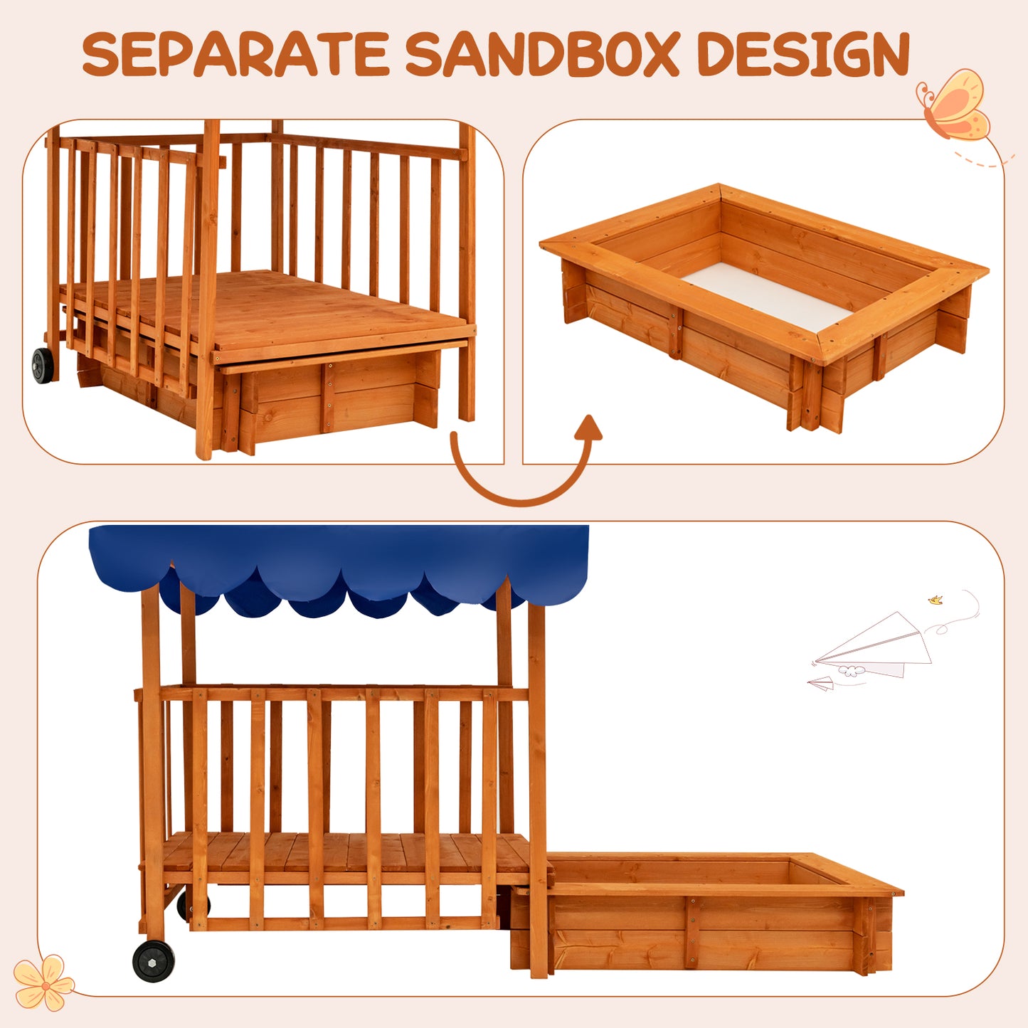 Kids Outdoor Wooden Retractable Sandbox with Cover and Built-in Wheels, Natural Sandboxes at Gallery Canada