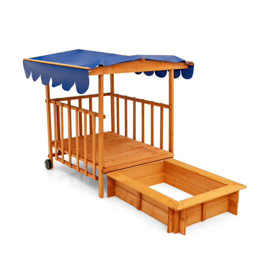 Kids Outdoor Wooden Retractable Sandbox with Cover and Built-in Wheels, Natural